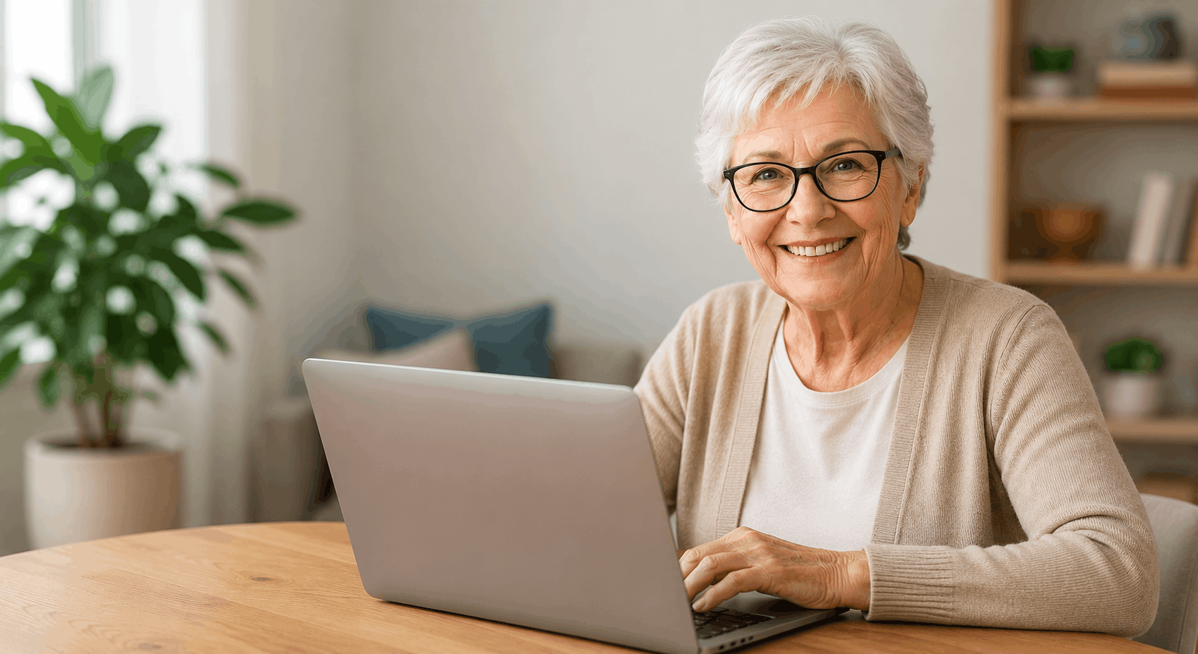 Smiling senior using a laptop to learn basic artificial intelligence concepts at home