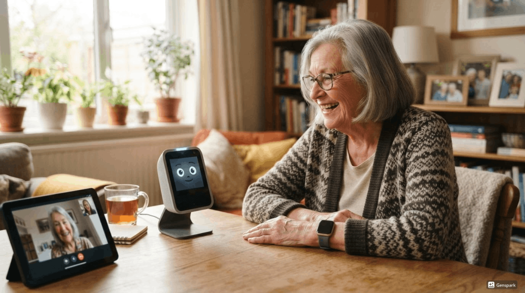 Elderly people using AI technology on tablets and computers with senior-friendly interfaces