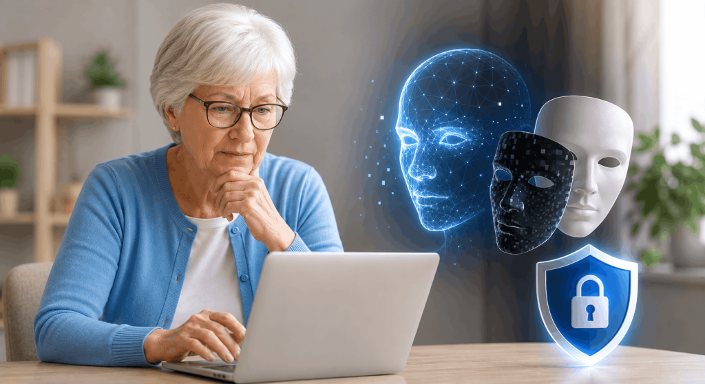 Senior using a laptop while learning to identify AI scams, deepfakes, and online fraud with digital security visuals.