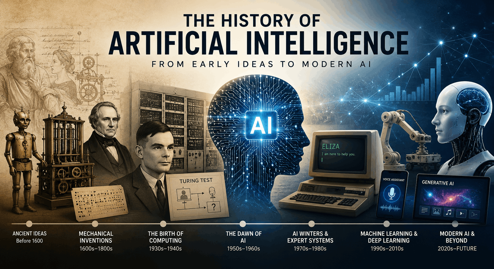 Timeline showing the history of artificial intelligence from early computing ideas to modern AI innovation and robotics.