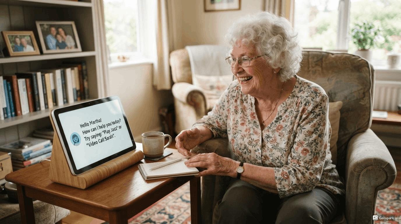 Elderly person using AI technology on digital device, showing senior-friendly interface